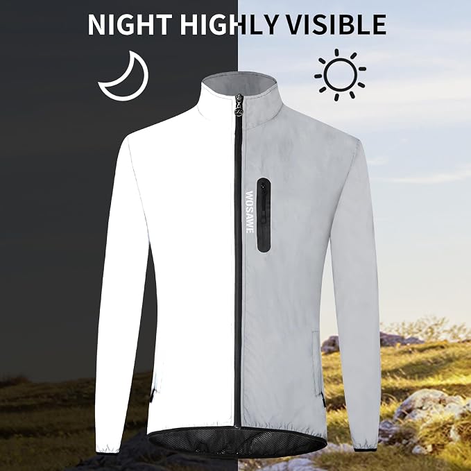 WOSAWE Men Reflective Jacket Night Glowing Bomber Jacket MTB Cycling Windbreaker Travel Sport Coat