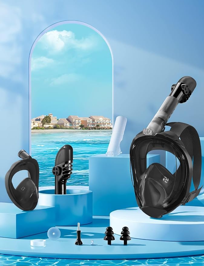 Full Face Snorkel Mask for Adults, 180° Panoramic Anti-Fog Snorkeling Gear with Dry Top System & Camera Mount, Foldable Anti-Leak Design for Travel, Swimming & Ocean Snorkeling