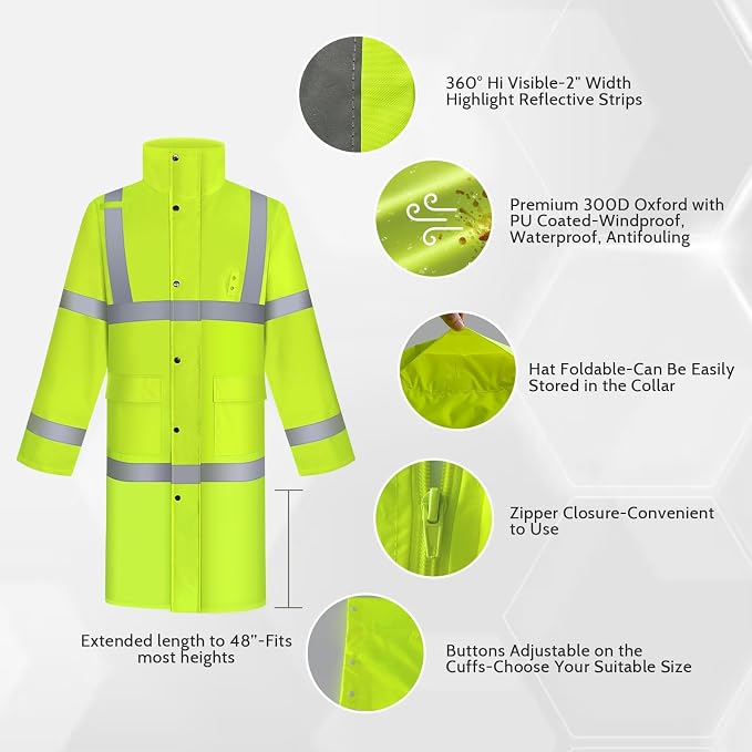 TCCFCCT Rain Gear Waterproof Hi Vis Jacket With Hood for Men, Heavy Duty Rain Suits, Long Safety Rain Coats for Women, Hiking Camping Outdoor Activities, XXL Yellow