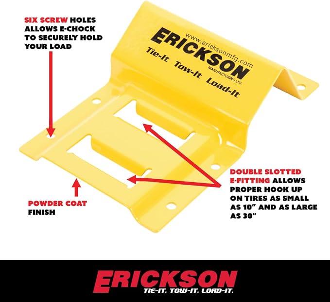 Erickson Wheel Chock Tie-Down Kit, 2 in x 7.5 ft, Double Slotted E-Fitting, Fits 10 in-30 in Tires, 1500 lb Ratchet Straps - Secures ATV, UTV, SxS, Mower & More