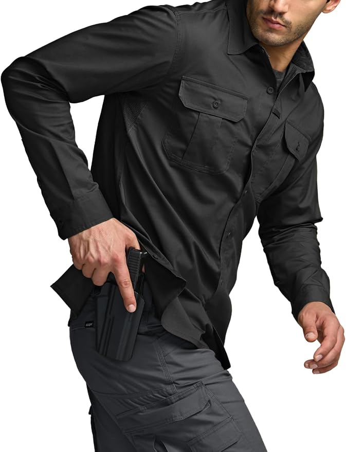 CQR Men's Long Sleeve Tactical Shirts, Ripstop Military Work Shirts, UPF 50+ Breathable Button Down Outdoor Hiking Shirt