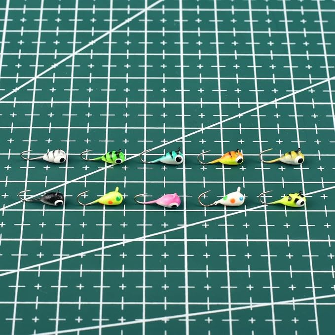 Tungsten Ice Fishing Jigs Kit, 3.2/4/5mm Glow in Dark Tear Drop Ice Fishing Lure Jigs with Waterproof Two-Sided Jig Box Assortment 20/24/30