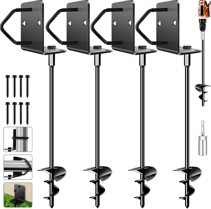 Ground Anchors Shed Anchors 14" Set of 4 Trampoline Stakes Screw in Heavy Duty Mobile Home - Storage Shed Anchor Kit - Playset Swing Anchors - Stakes for Fence,Carport,Garden (Black, 4 x 14in)