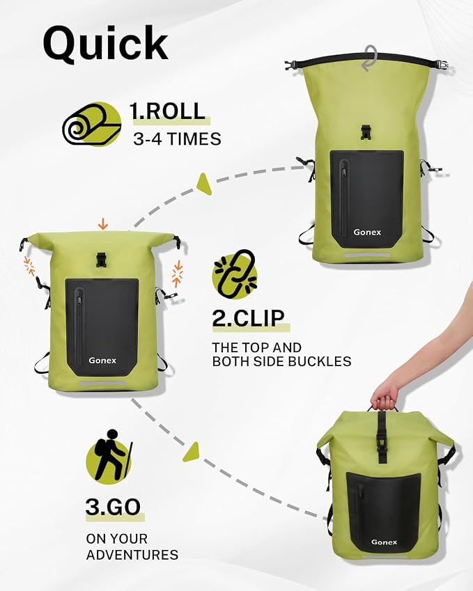 Gonex Ultralight Waterproof TPU Backpack, 55L Roll Top Dry Bag with Comfortable Padded Back Panel for Kayaking Boating Camping Fishing Travel,Green