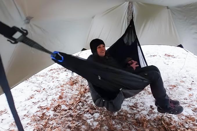 14ft Hammock Rain Fly Lightweight Waterproof Camping Tent Tarp with Doors and Dual Support Poles, Bushcraft Tarp Shelter for Backpacking Hiking Camping