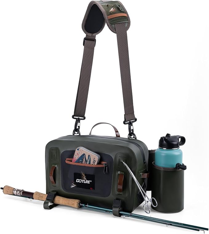 Goture Waterproof Fishing Waist Pack,IPX8 840D TPU Large Tackle Bag with Rod Holder,Airtight Zipper Closure,Detachable Water Bottle Holder, 10L Fly Fishing Bag with Adjustable Strap,Sling Fanny Pack