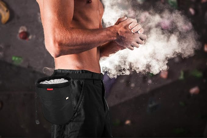 Rhino Valley Climbing Chalk Bag, No Leak Drawstring Chalk Bag with Adjustable Belt, Carabiner Clip and Zippered Pockets Chalk Bag for Rock Climbing, Cross Fit, Weight Lifting & More