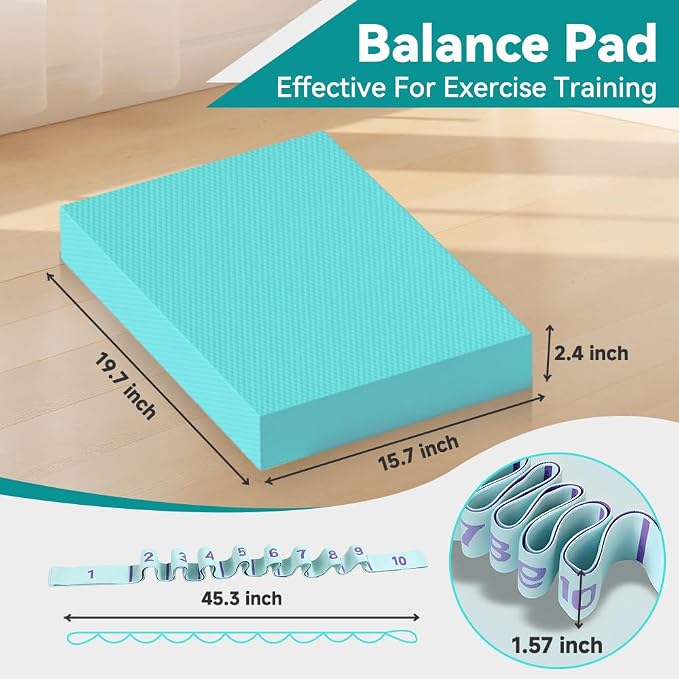 Extra Large Yoga Exercise Balance Pad - Thick Non-Slip Stability Cushion for Pilates and Exercise - High Density Foam Trainer for Core Strength Home Gym - Bonus: 10-Position Resistance Band!
