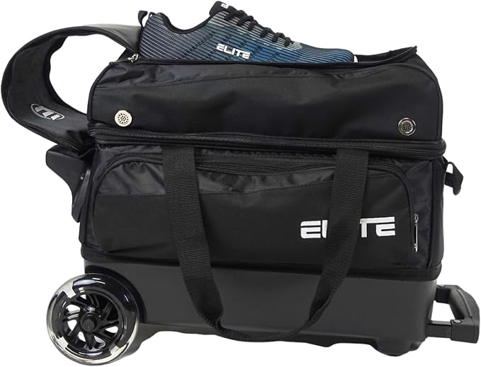 ELITE Deluxe 2 Ball Bowling Bag with 5" Smooth Wheels - Large Accessory Pocket, Shoe Compartment, 36" Extendable Handle