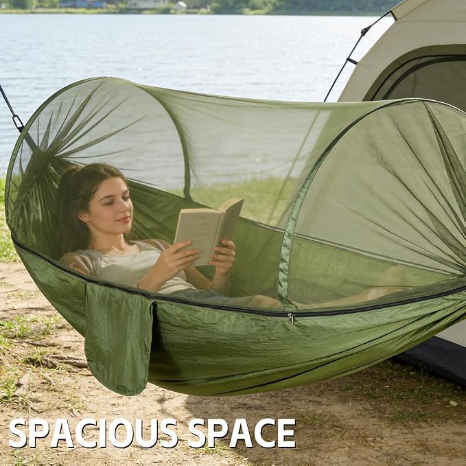 Camping Hammock with Mosquito Net - Double & Single Portable Hammocks with 2 Tree Straps, Lightweight Hammock Tent for Outdoor Camping, Hiking, Backpacking, Beach & Backyard (Army Green)