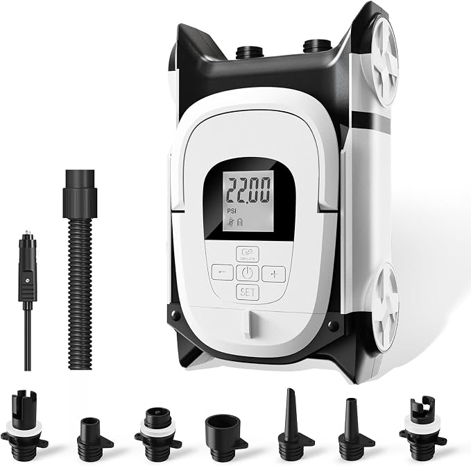 GICLE Paddle Board Pump with Auto-Off Function Dual Motor for Inflatable SUP and Boat, 22PSI Portable Electric Air Pump for Paddleboard with DC 12V Car Power Connector and Kayak Accessories