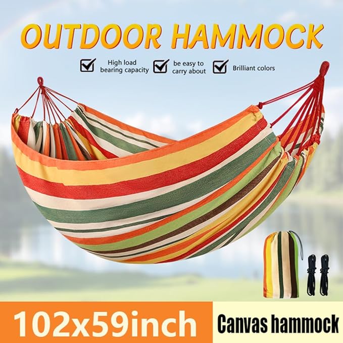 Cotton Canvas Hammock, Comfortable Fabric Camping Hammock with Tree Straps, Up to 440lbs with Travel Bag for Camping Outdoor/Indoor Patio Backyard(Orange, Without bar)