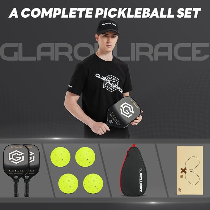Pickleball Paddles Set of 2 | 4 Pickleball Rackets, USAPA Approved Pickleball Set, Fiberglass | Carbon Fiber Surface & 13 mm PP Honeycomb Core,4 Indoor & Outdoor Pickle Balls