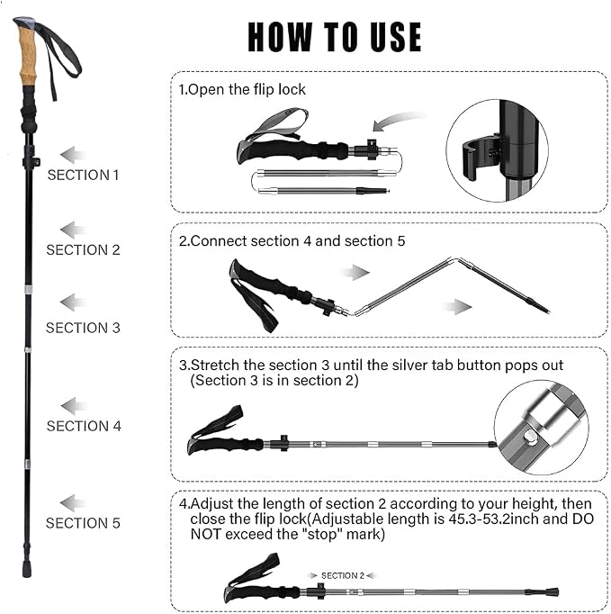 Ultralight 7.6oz 100% Carbon Fiber Trekking Poles, 2-Pack Collapsible Anti-Shock Hiking Poles with Tungsten Carbide Tips & EVA Foam Grip, Compact for Backpacking, Camping, Mountaineering