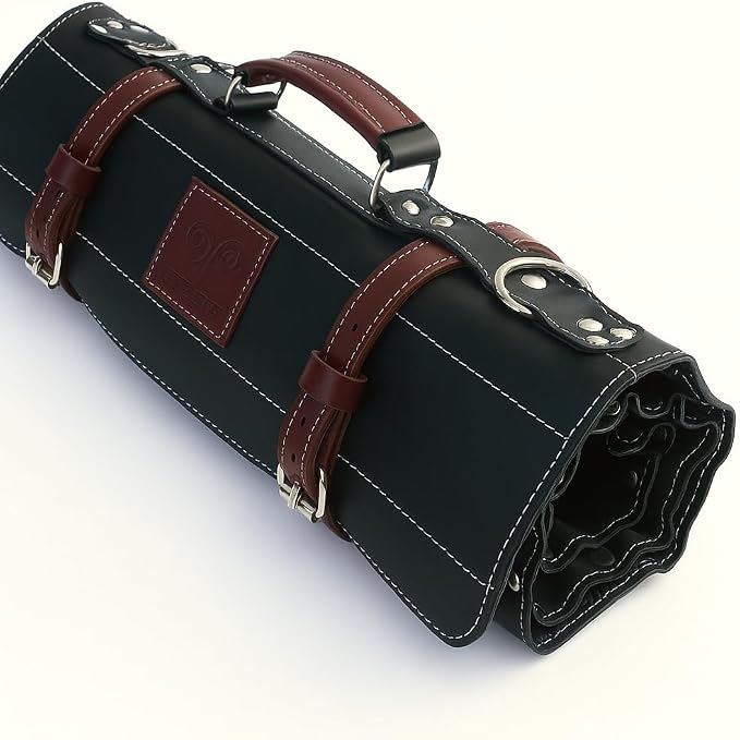 EVERPRIDE Elegant Black Leather with Maroon Trim, Professional Chef Knife Roll Bag for Knives. Premium Leather Bag, Sturdy Construction, Luxurious Carry Case and Display for Knives. A Great Gift.