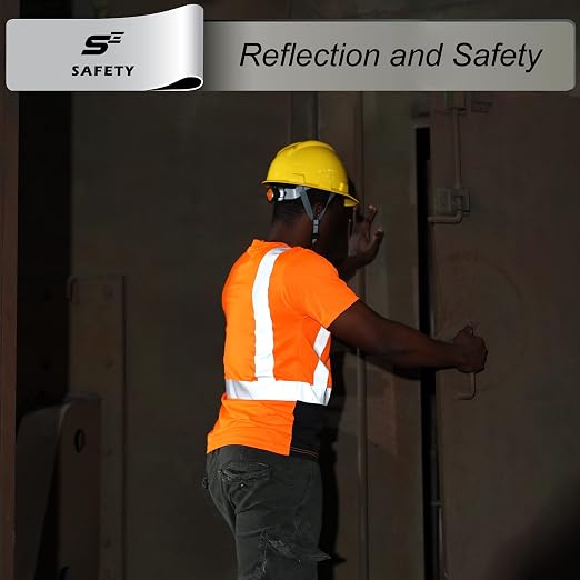 sesafety Hi Visibility Shirts for Men, Safety Shirts with Reflective Strips Class 2, Hi Vis Construction Work Shirt with Pocket Orange M