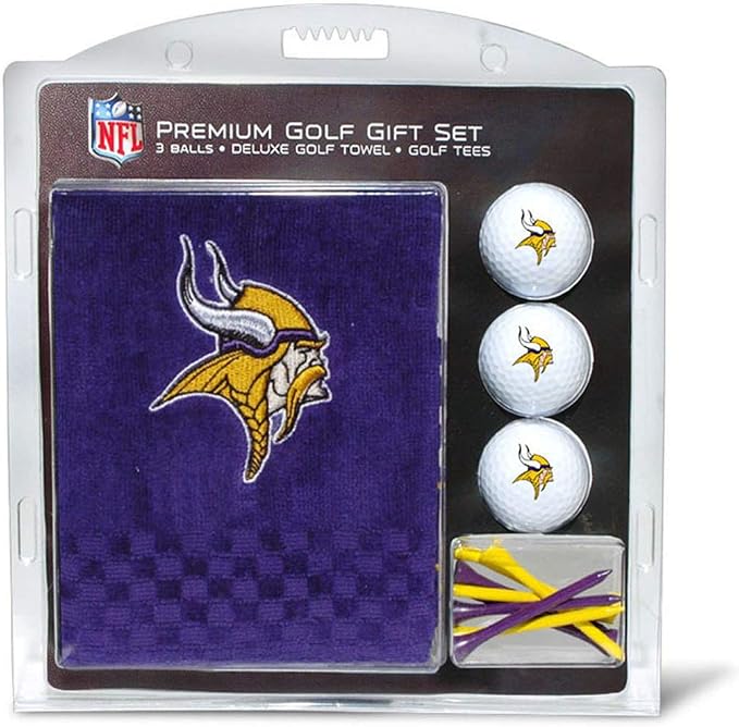 Team Golf NFL Minnesota Vikings Gift Set: Embroidered Golf Towel, 3 Golf Balls, and 14 Golf Tees 2-3/4" Regulation, Tri-Fold Towel 16" x 22" & 100% Cotton