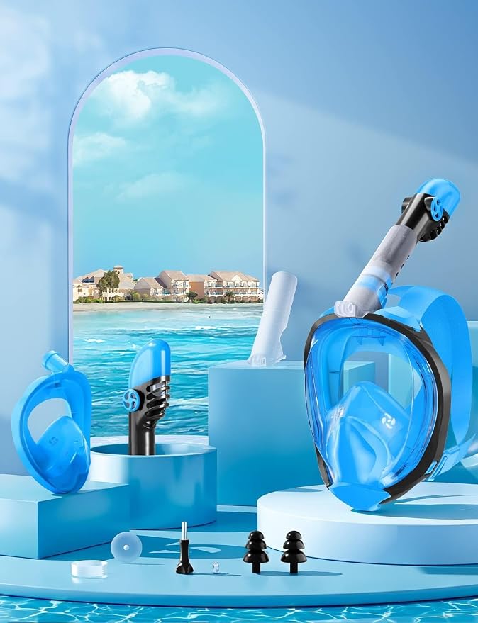 Full Face Snorkel Mask for Adults, 180° Panoramic Anti-Fog Snorkeling Gear with Dry Top System & Camera Mount, Foldable Anti-Leak Design for Travel, Swimming & Ocean Snorkeling