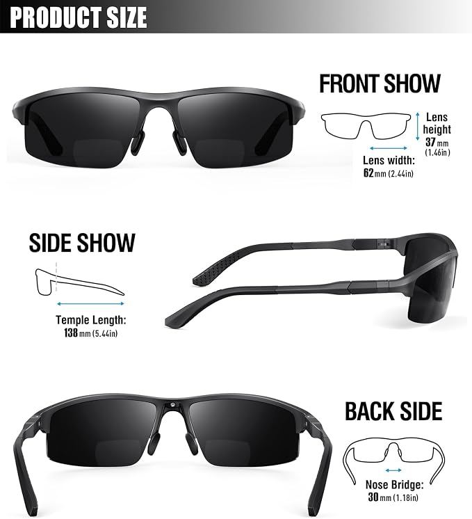 SKYOAK Sports Bifocal Reading Sunglasses Men Wrap Around UV 400 Protection Aluminum Frame Glasses Spring Hinge Semi Rimless Sun Readers Built In Driving/Running/Fishing Gunmetal, 3.0