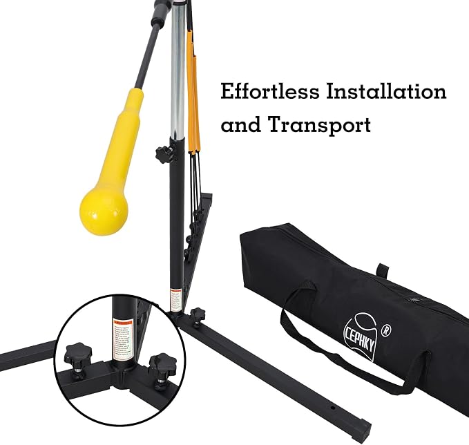 Batting Swing Trainer for Baseball and Softball with 4 Power Bands & Adjustable Height - High-Visibility Anti-Dent Target Ball, Portable Hitting Aid with Screw-in Base & Carry Bag for All Ages