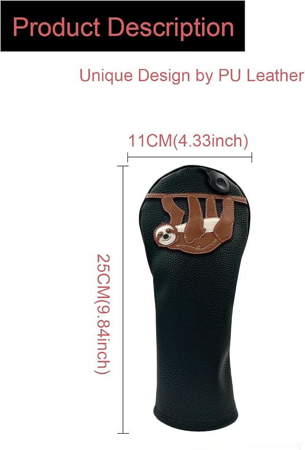 Sloth PU Leather Golf Club Covers Driver Headcovers Fairway Woods Hybrid Protector with Interchangeable Number Tag