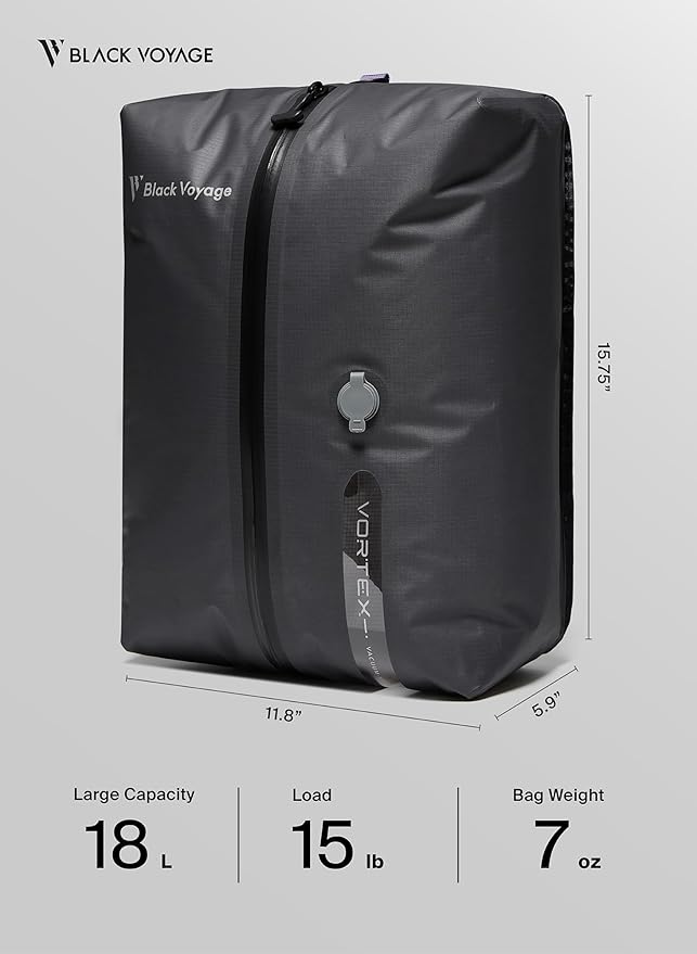 Black Voyage Reusable Vacuum Compression Travel Bag for Carry-On Suitcase and Backpack, Recycled IPX8 Waterproof Space Saver Vacpack (2-Pack, 18L - No Pump)