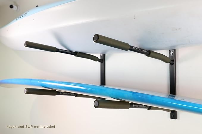 SPAREHAND 2 SUP Wall Mount Rack - Heavy Duty Aluminum 27″ Long Arms with 100 lb. Weight Capacity - Wall Hanger Rack for Holds 2 Surfboards or SUP PaddleBoards - Ideal for Home & Garage Display - Black