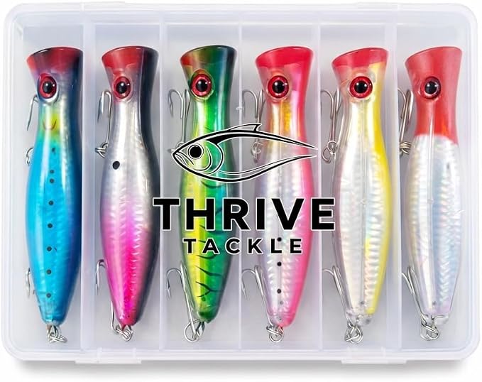 6-Piece Large Topwater Popper Fishing Lures with Tackle Box | 5-inch surface poppers, 1.45 oz (41 g) each, Freshwater and saltwater surf casting, Rattling Surface Poppers