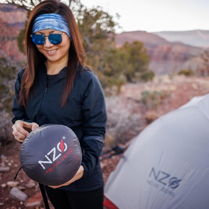 Near Zero Peralta 25°F Lightweight Sleeping Bag – Sorona Insulation for Outdoor Camping, Compact 2.5 lb Design, 20D Ripstop Nylon Shell – 86"x33", Compresses to 10"x6"