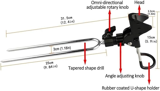 Aluminum Bank Fishing Rod Holder with 10 Fishing Bells - Heavy Duty Ground Spike Fish Pole Stand Rack for Shore, Surf, Beach Fishing - Great for Men