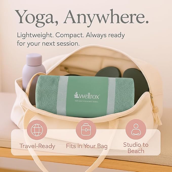Wellrox Microfiber Yoga Mat Towel with Grip β Ultra Absorbent, Super Soft, and Quick Dry Hot Yoga Towel Non Slip for Pilates, Bikram, and Fitness Workouts (74β x 26β, Green)