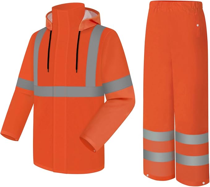 High Visibility Rain Suit and Pants, High Vis Rain Suit for Men, Waterproof Rain Jacket with Hood, Class 3 Lightweight Hi Vis Rain Gear for Outdoor& Safety Work, Men Women, Orange B, 4XL-5XL