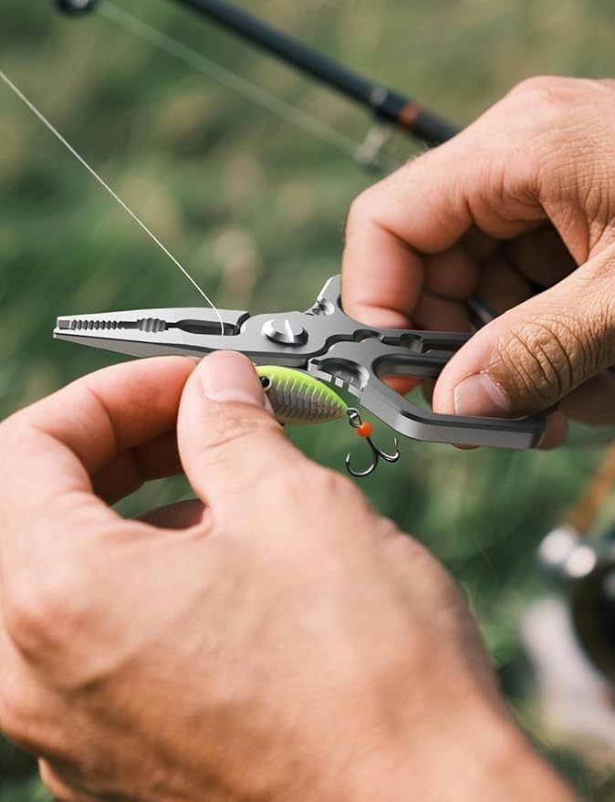 HOOK-EZE Multi-Function Fishing Pliers, Saltwater Resistant Fishing Scissors, Tungsten Cutters, Knot Tying Tool with Lanyard, Split Ring Hook Remover, Gifts for Men