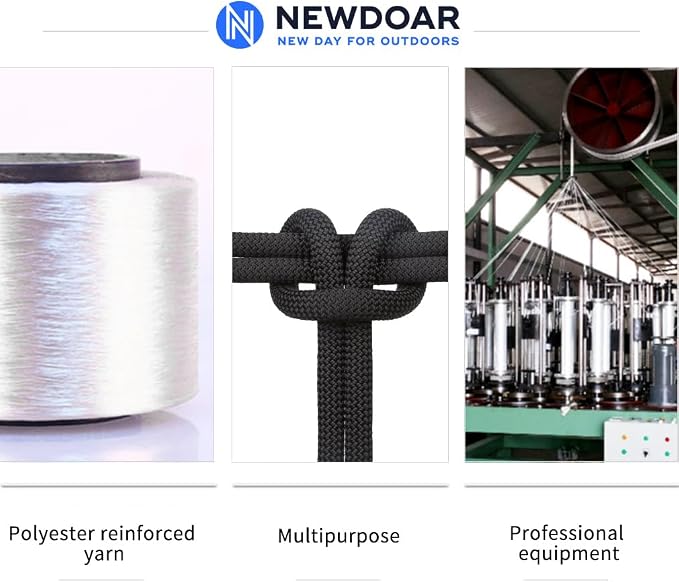 NewDoar Static Climbing Rope - 8mm (5/16c) / 10mm (3/8”) Double Braid Accessory Cord for Rock,Hauling, Prusik, Survival - Pre-Cut 20FT, 50FT, 100FT, 165FT Lengths - Outdoor, Fire Rescue Equipment