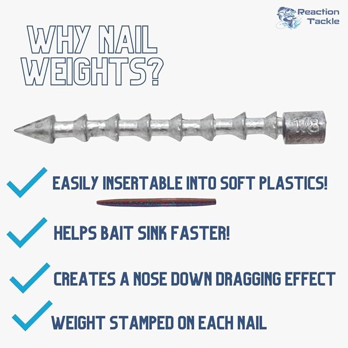 Reaction Tackle Nail Weights for Bass Fishing - Insert Pencil Sinkers for Wacky Rig, Neko Rig and Soft Plastic Lures - Freshwater and Saltwater - 25-Pack