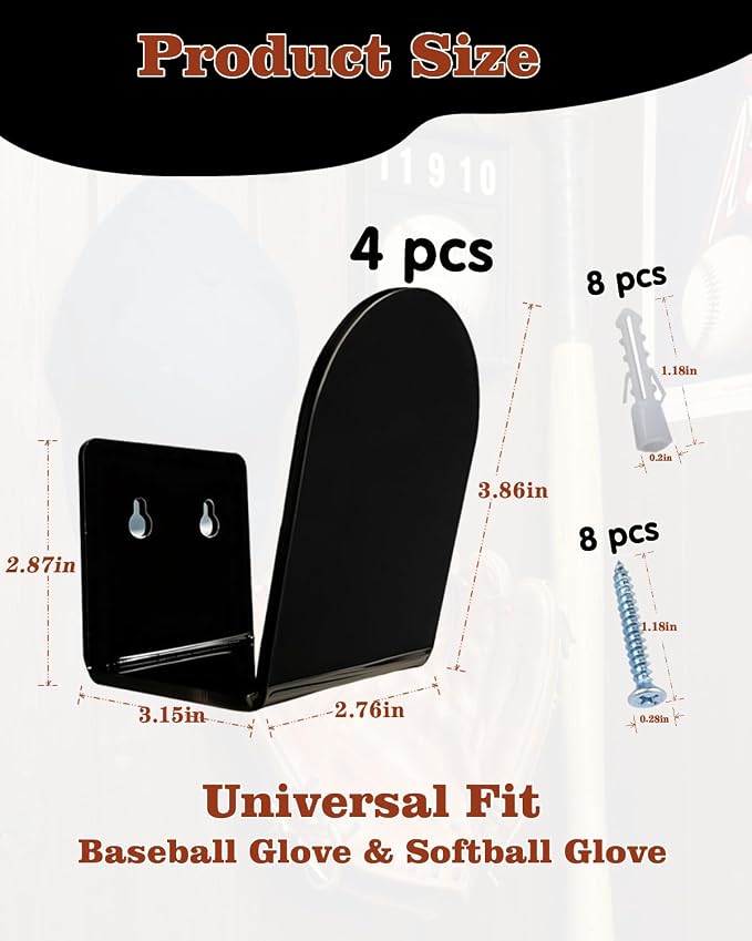 4 Pcs Baseball & Softball Glove Wall Mount Holder、Organizer 、Hanger、Stand、Frame, Keeps Glove Shape,Sports Decor Storage Display Rack for Bedroom、Living Room、Garage or Office, Great Gift for Players