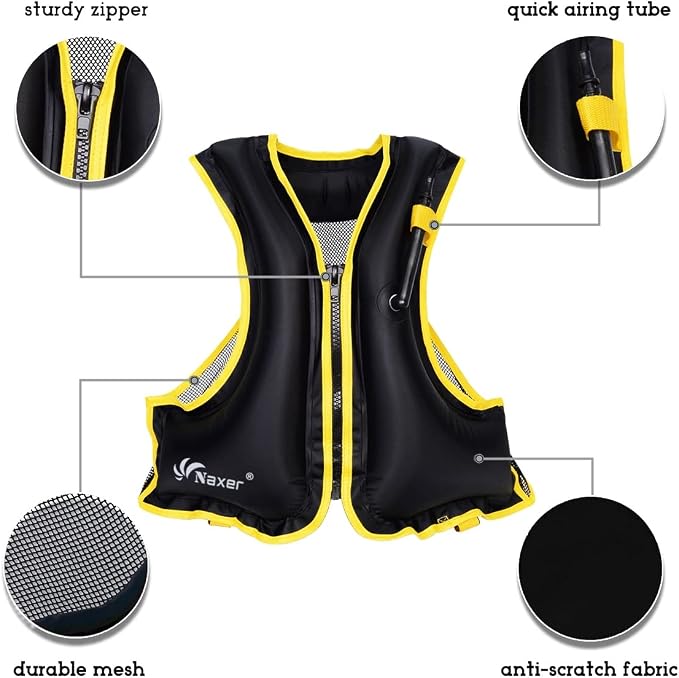 NAXER Inflatable Buoyancy Jackets Snorkel Vests for Adults Kayak Kayaking Snorkeling Suit 90-200 lbs Easy Swimming Boating Paddleboarding Water Sports