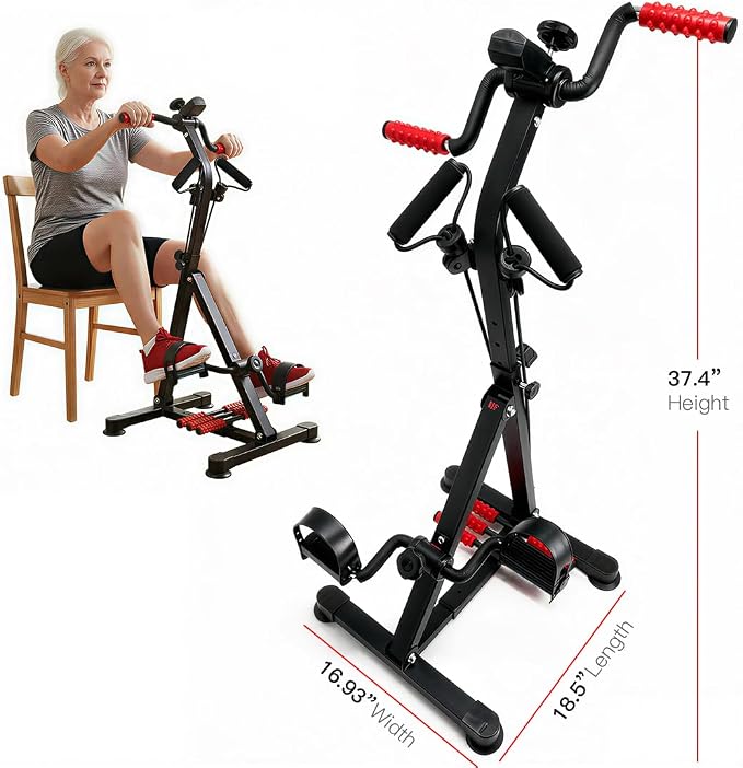 3-in-1 Pedal Exerciser with Resistance Bands, Under Desk Bike for Seniors Arm & Leg Workout, Adjustable Tension Floor Cycle with Massage Rollers, Seated Mobility Equipment