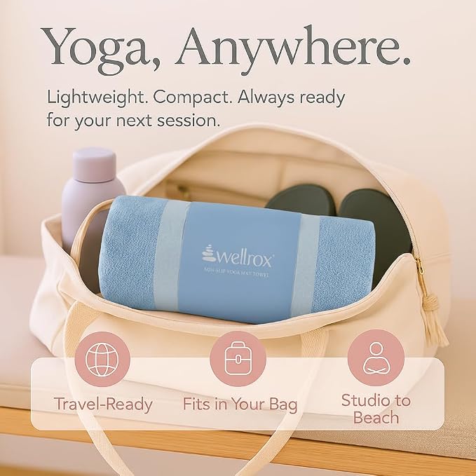 Wellrox Microfiber Yoga Mat Towel with Grip β Ultra Absorbent, Super Soft, and Quick Dry Hot Yoga Towel Non Slip for Pilates, Bikram, and Fitness Workouts (74β x 26β, Blue)
