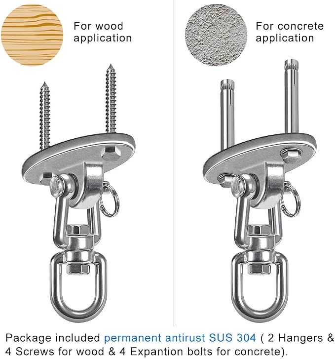 SELEWARE Ceiling Swing Mount Stainless Steel Swing Hangers Free Swivel Swing Hooks for Yoga Swing Indoor Outdoor Swing Set Porch Swing Chair Punching Heavy Bag 2000 lbs Capacity Each 2 Pack