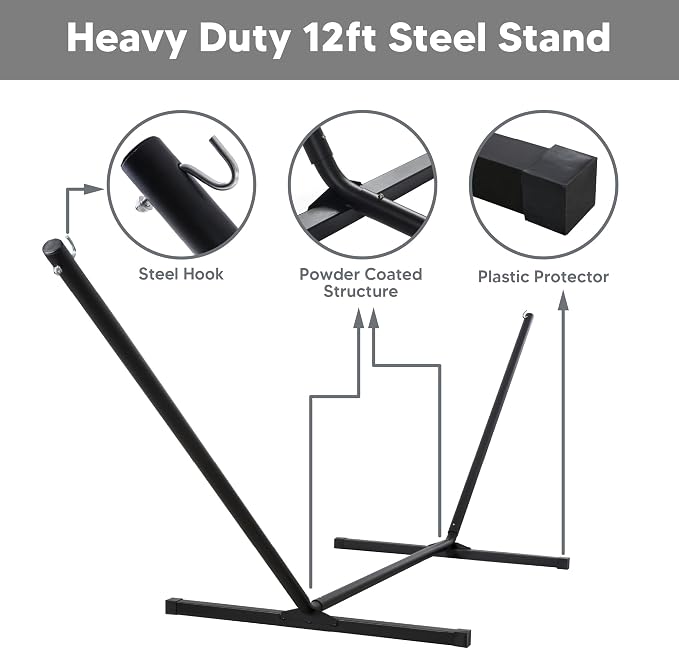 SUNCREAT Hammocks for Outside with Stand, Extra Large 2 Person Hammock with Stand, Carrying Bag, Dark Gray Drops