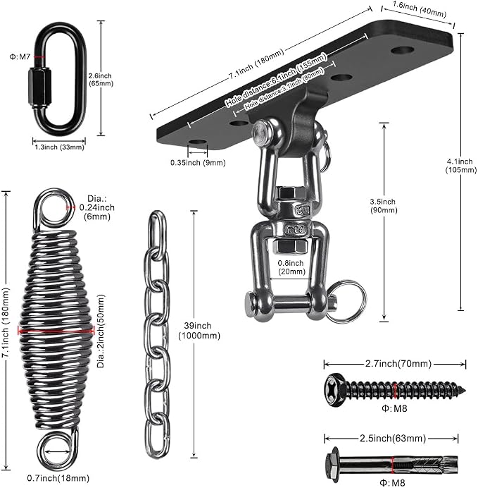 Dolibest Hammock Chair Hanging Kit, Heavy Duty Swing Hanger and 3.28ft Chain with Spring (6MM), Wall Ceiling Hooks for Yoga Indoor Playground Hanging Chair Hammock Chair4 Screws, 4 Expansion Screws