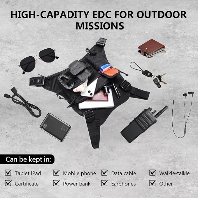 Outdoor Sports Chest pack for men with Gloves, EDC Chest bag for Travel, Lightweight Chest Rig Pouch, Tactical Running Chest Vest for Hiking, Cycling, Fitness, Motorcycle Riding, Workouts