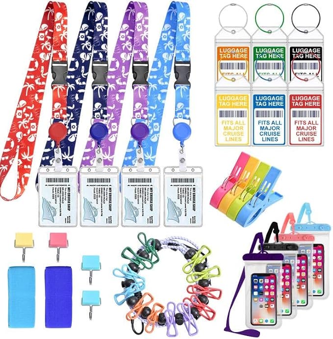 25 Pcs Cruise Essentials Accessories Kit Must Haves Set Include Retractable Cruise Lanyards for Ship Card, Luggage Tags Holder, Towel Bands and Clip, Waterproof Phone Bag, Clothesline, Magnetic Hook