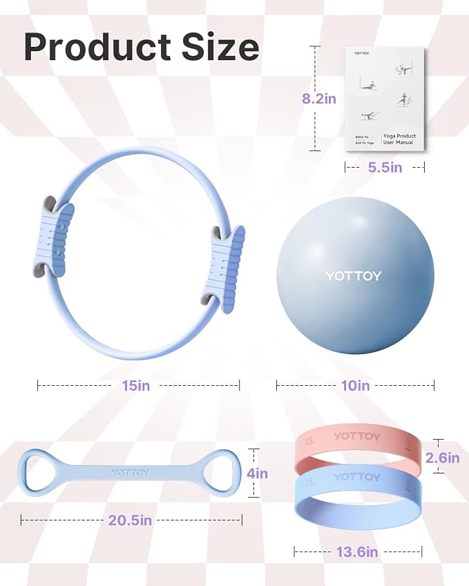 YOTTOY Pilates Ring and Ball Set, Figure 8 Resistance Bands, Stretch Bands&Guide,Pilates Equipment Set for Beginners for Home Workouts Core Strength, Yoga, Physical Therapy & Rehab