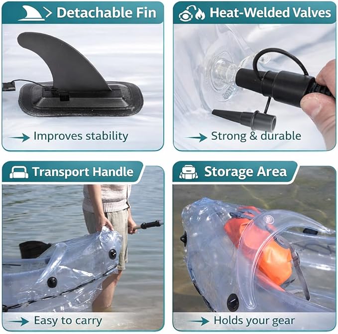 Clear Kayak - Transparent 2-Seater Inflatable Tandem for Two Adults - See-Through Style - Complete Set with Adjustable Seats, Pump, Paddles, Carry Bag & Tracking Fin