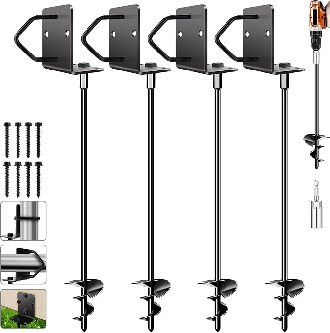 Ground Anchors Shed Anchors 27" Set of 4 Trampoline Stakes Screw in Heavy Duty Mobile Home - Storage Shed Anchor Kit - Playset Swing Anchors - Stakes for Fence,Carport,Garden (Black, 4 x 27in)