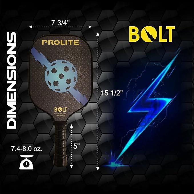 PROLITE Bolt Pickleball Paddle - Light Weight - Powerful - Carbon Fiber Facing for Superior Ball Placement - Polypropylene Honeycomb Core - Micro Matte Edge Guard - USAP Approved