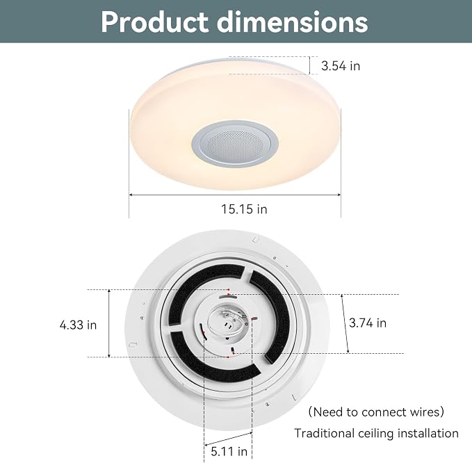 LED Ceiling Light Fixture,with Bluetooth Speaker,15.15 Inch 40W, 2700K-6500K Dimmable Music Lamp,RGB Color Changing Light with Remote Control,for bedrooms, Living Rooms,-ASALL001-40