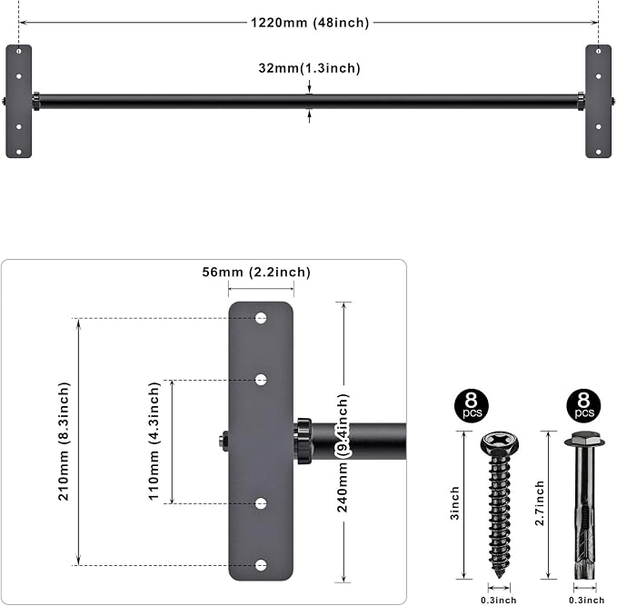 Kipika 48" Ceiling Mounted Pull Up Bar, Heavy Duty Multi-Grip Chin Up Bar,Mounted Pullup Bar, Adjustable Height, Pull Up Bands for Chin Ups & Body Stretching, Ideal for Home Gym and Strength Training